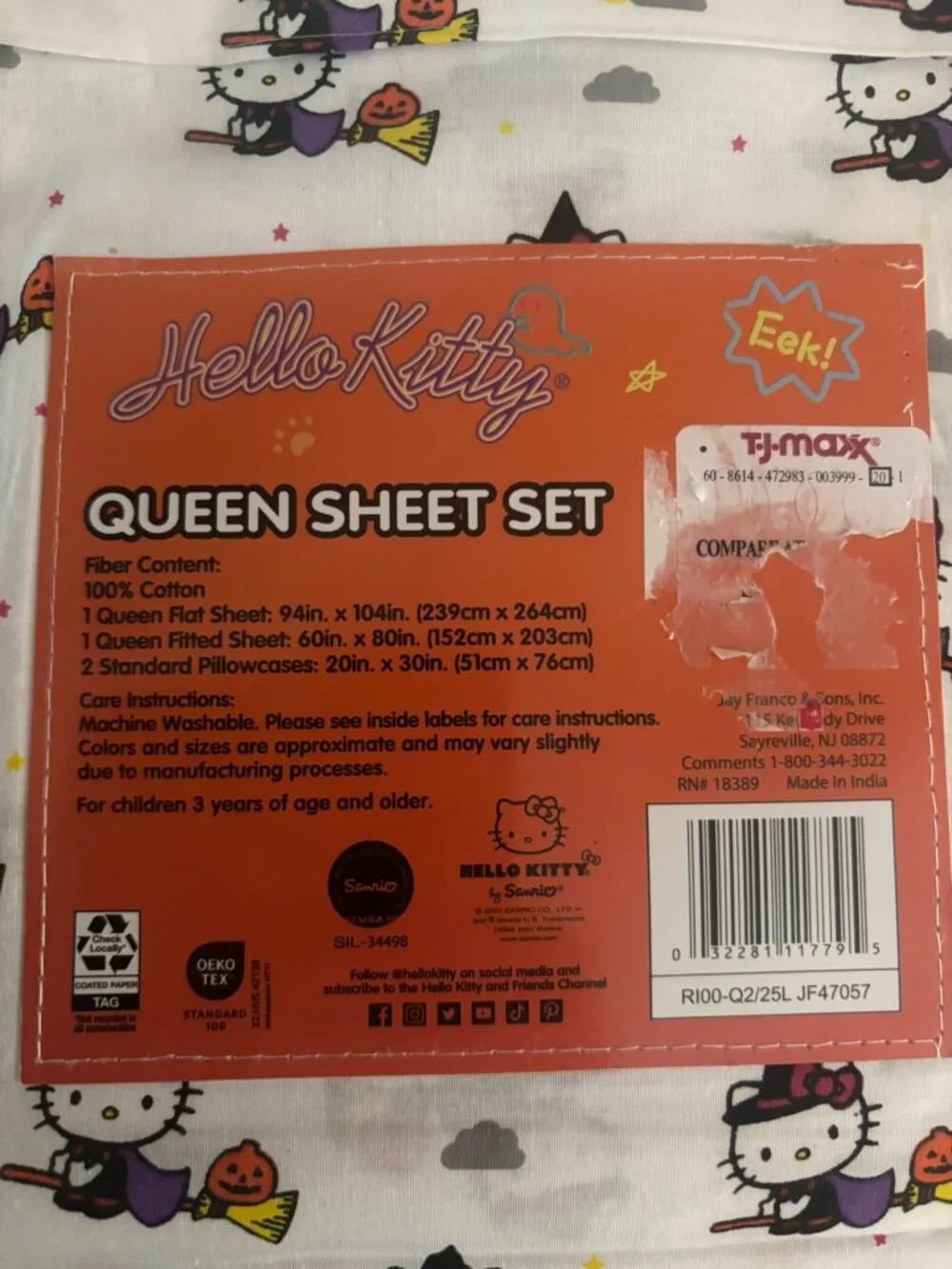 Hello Kitty Halloween QUEEN Sheet Set Witch Broom & Pumpkins White 4 Piece NEW